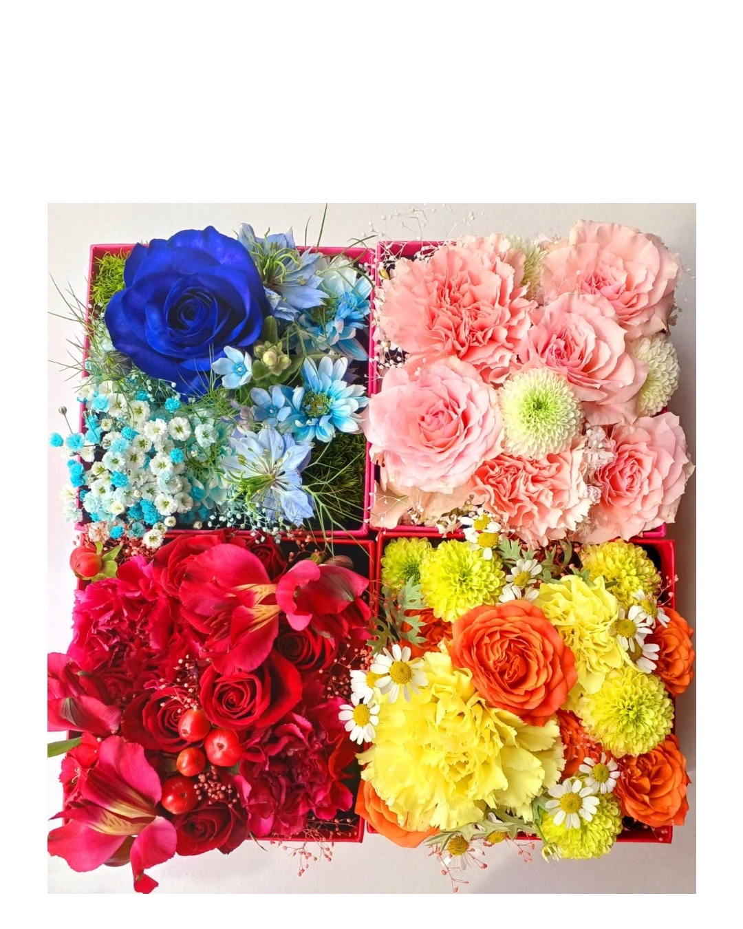 【送料込み価格】生花BOXアレンジ(レッド・ピンク・イエローオレンジ・ブルー)